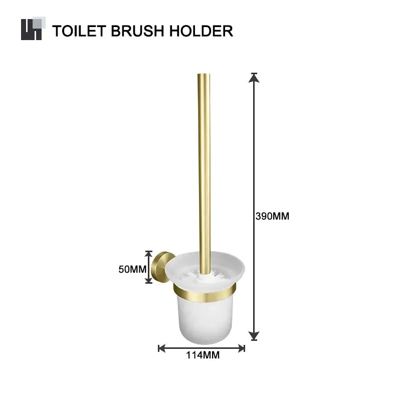 Gold-finished toilet brush holder with white ceramic base and brushed gold accent in bathroom accessories set