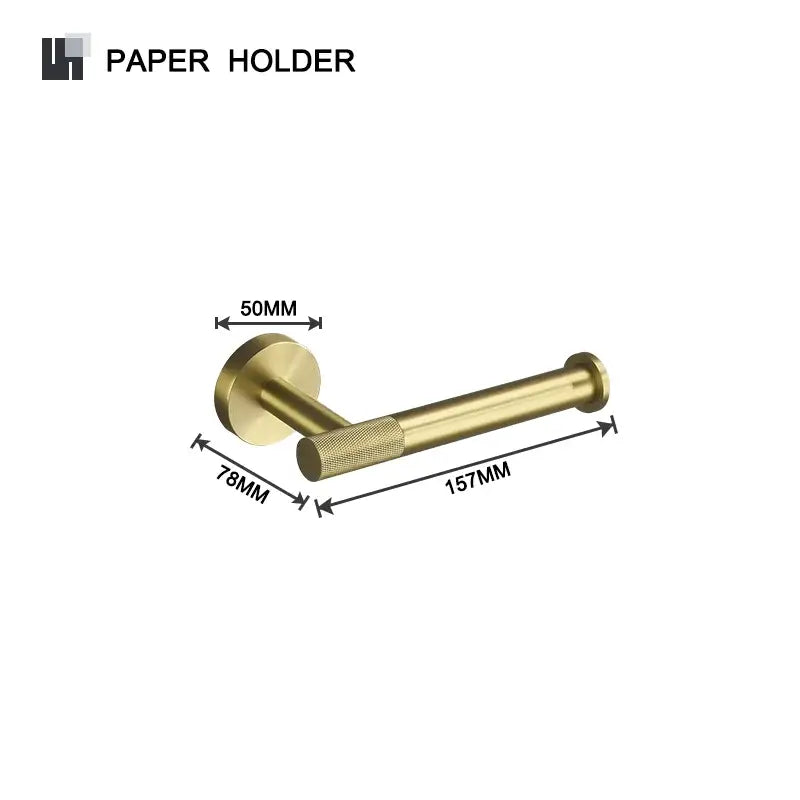 Brass-finished metal paper holder with textured grip in brushed gold bathroom accessories set for modern bathroom use