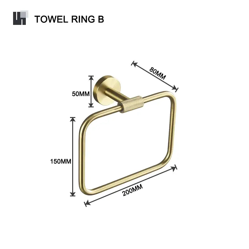 Modern brushed gold brass towel ring with rectangular loop and textured grip from bathroom accessories set