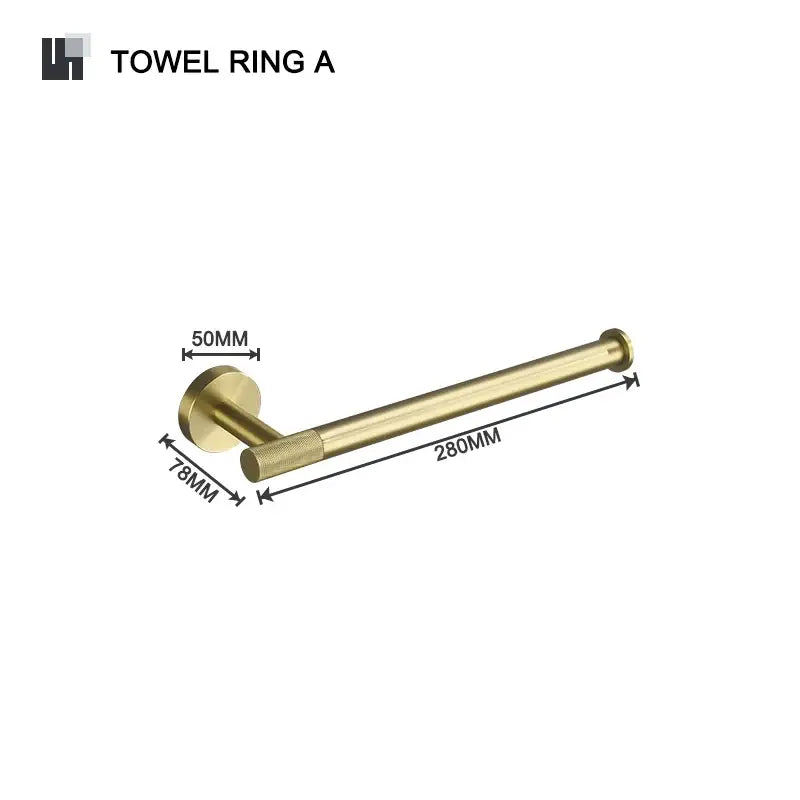 Brass-finished towel ring with sleek modern design and brushed gold texture from bathroom accessories set