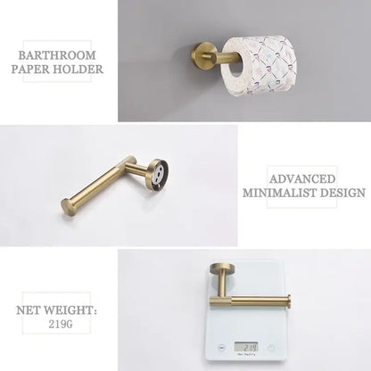 Brass bathroom paper holder in brushed gold finish part of modern bathroom accessories set for elegant bathroom decor