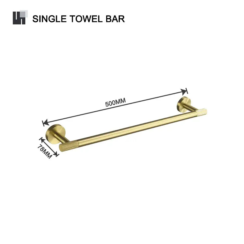 A sleek 500mm brass towel bar with polished brushed gold finish and circular mounts from a modern bathroom accessories set