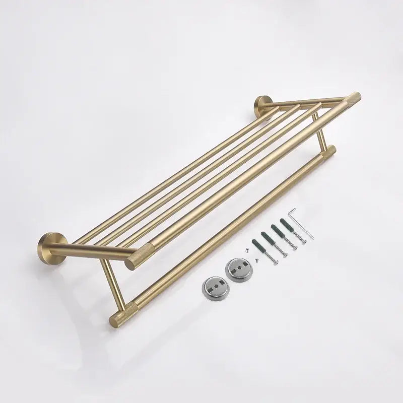 Modern brushed gold stainless steel towel rack with four bars and circular mounts in bathroom accessories set
