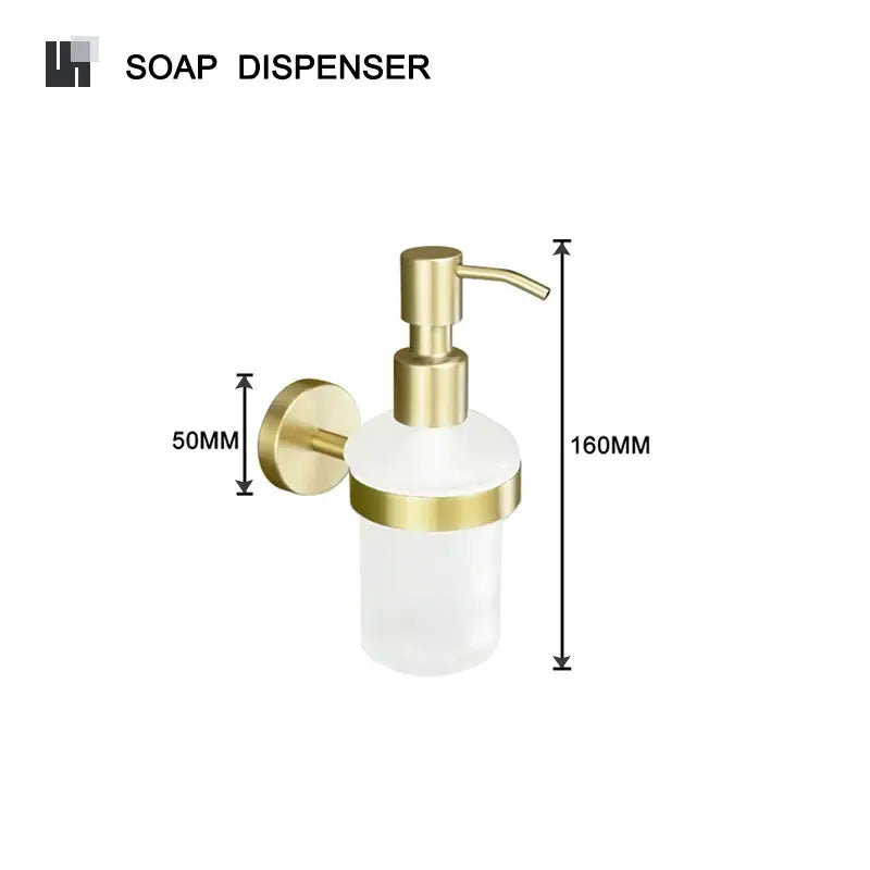 Modern brushed gold brass bathroom accessories set featuring a wall-mounted soap dispenser with frosted glass body
