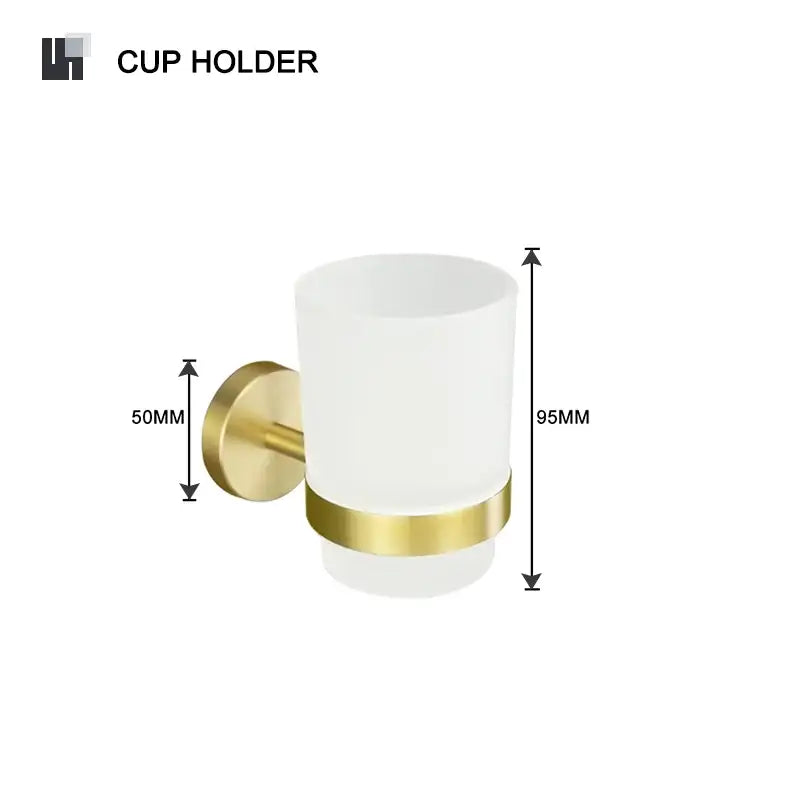 White frosted glass cup holder with brushed gold brass band and mounting bracket in modern bathroom accessories set