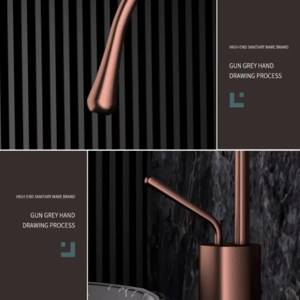 Modern brushed gold brass kitchen sink tap with copper finish and sleek design featuring gun grey hand-drawn process