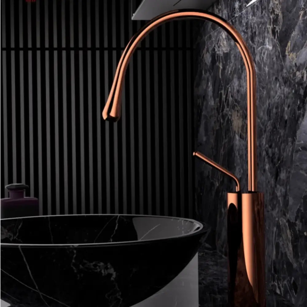 Modern brushed gold brass kitchen faucet with copper finish, sleek curved spout, and minimalist design for sink use