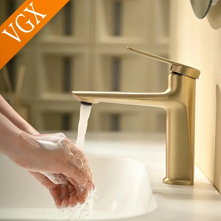 Modern brushed gold basin faucet with sleek minimalist centerset deck-mounted design for cold water use
