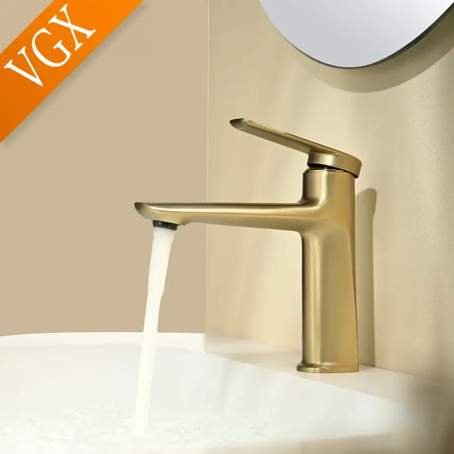 Modern brushed gold centerset deck-mounted basin faucet with single-handle cold water control and minimalist design