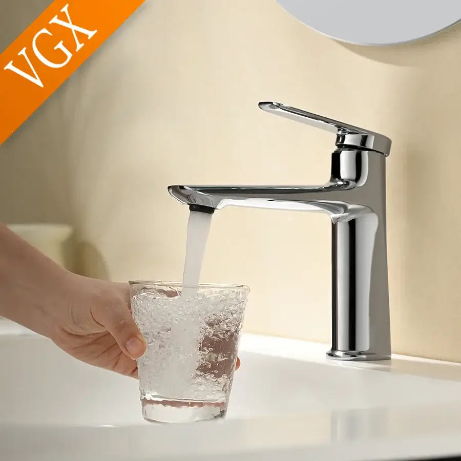 Modern brushed gold centerset deck-mounted basin faucet with chrome finish and single-handle cold water control