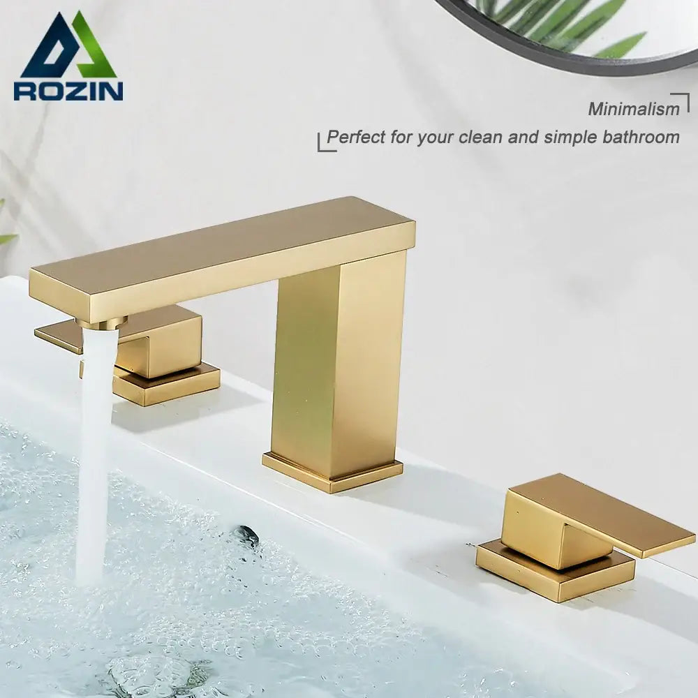 Modern brushed gold dual handle bathroom sink tap with minimalist three-handle waterfall design decorbites brushed gold