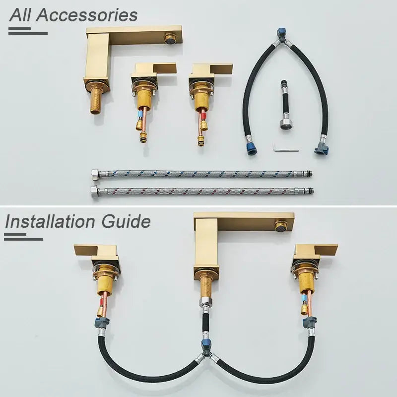 Modern brushed gold dual handle waterfall faucet bathroom sink tap with brass finish and flexible black hoses