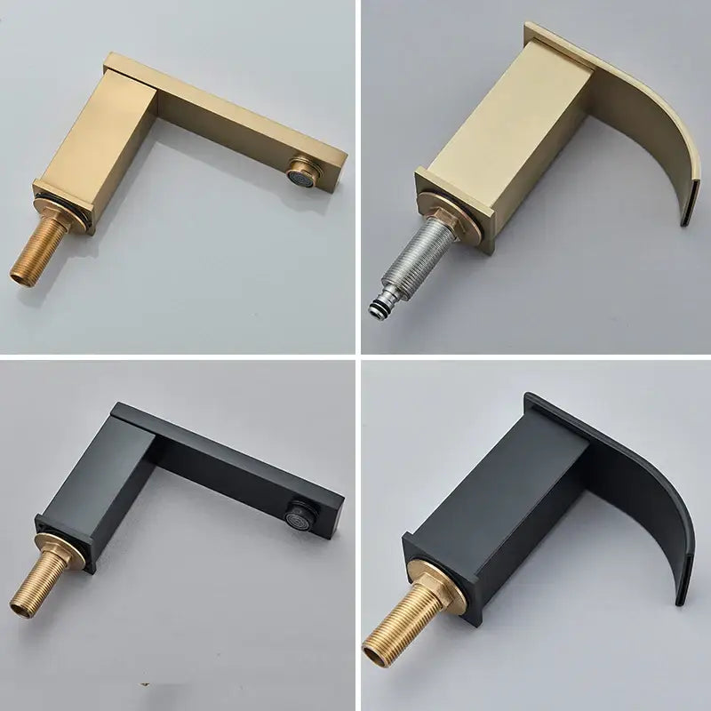 Modern brushed gold dual handle waterfall faucet with a sleek rectangular design in decorbites brushed gold finish
