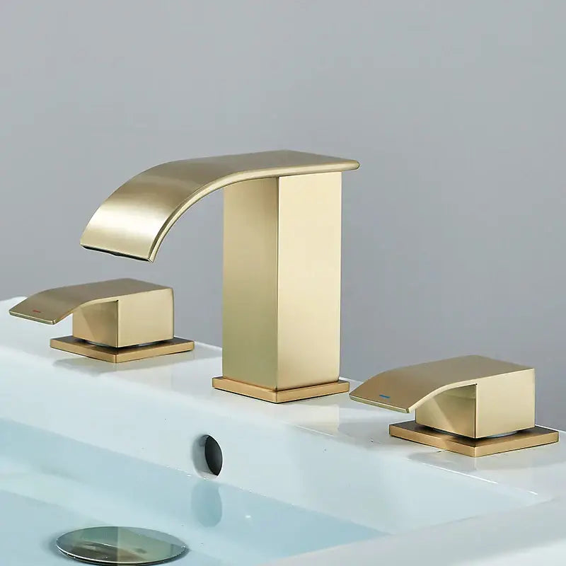 Modern brushed gold dual handle waterfall faucet with sleek design and decorbites brushed gold finish for bathroom sink
