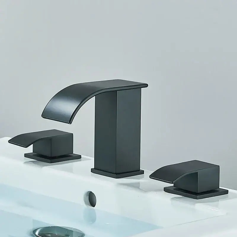 Black matte dual handle waterfall faucet with matching handles for modern brushed gold decorbites bathroom sink tap
