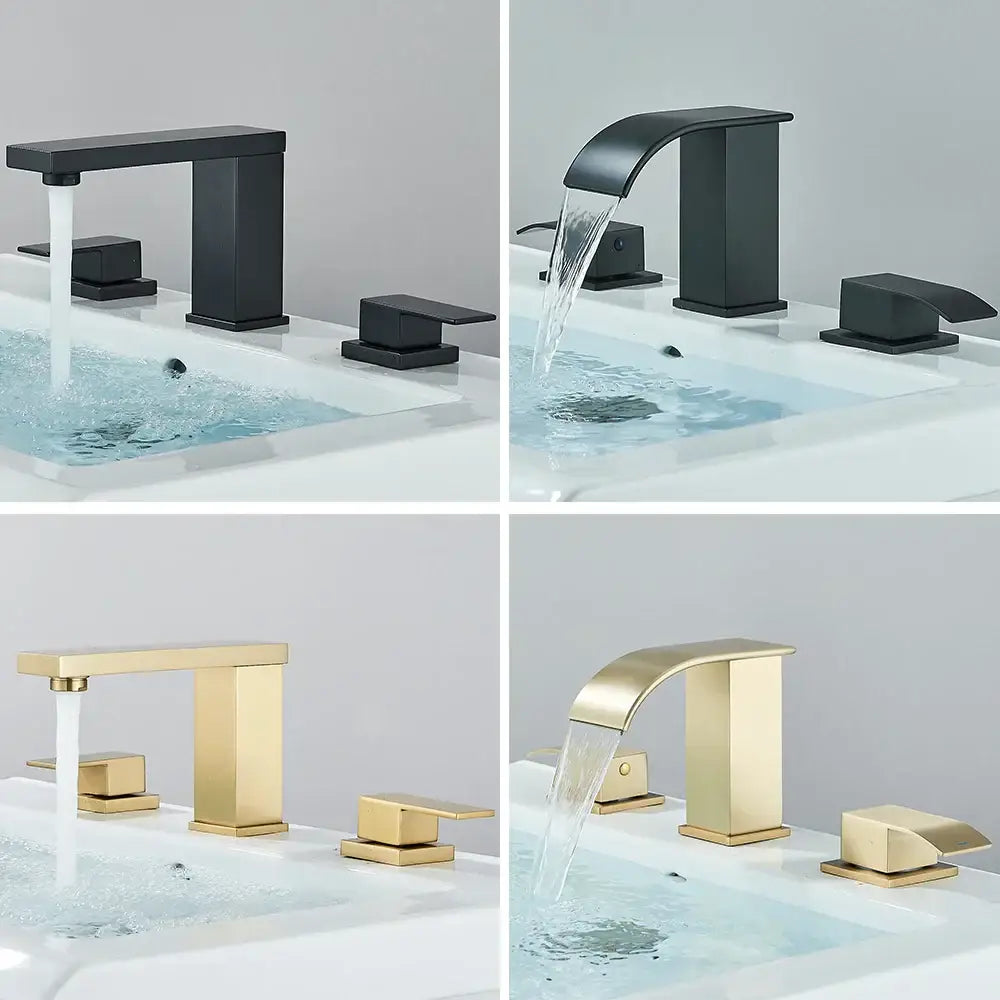 Modern brushed gold dual handle bathroom sink faucet with sleek rectangular design by decorbites brushed gold collection