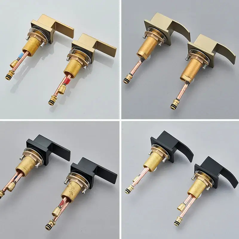 Modern brushed gold dual handle waterfall faucet bathroom sink tap with gold-finished brass handles and copper piping