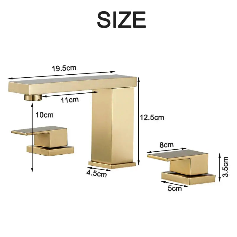 Modern brushed gold dual handle waterfall faucet with gold-finished rectangular basin faucet and square handles by decorbites