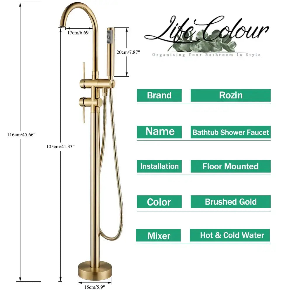 Modern brushed gold freestanding bathtub faucet with a tall slender design and integrated handheld spray decorbites brushed gold