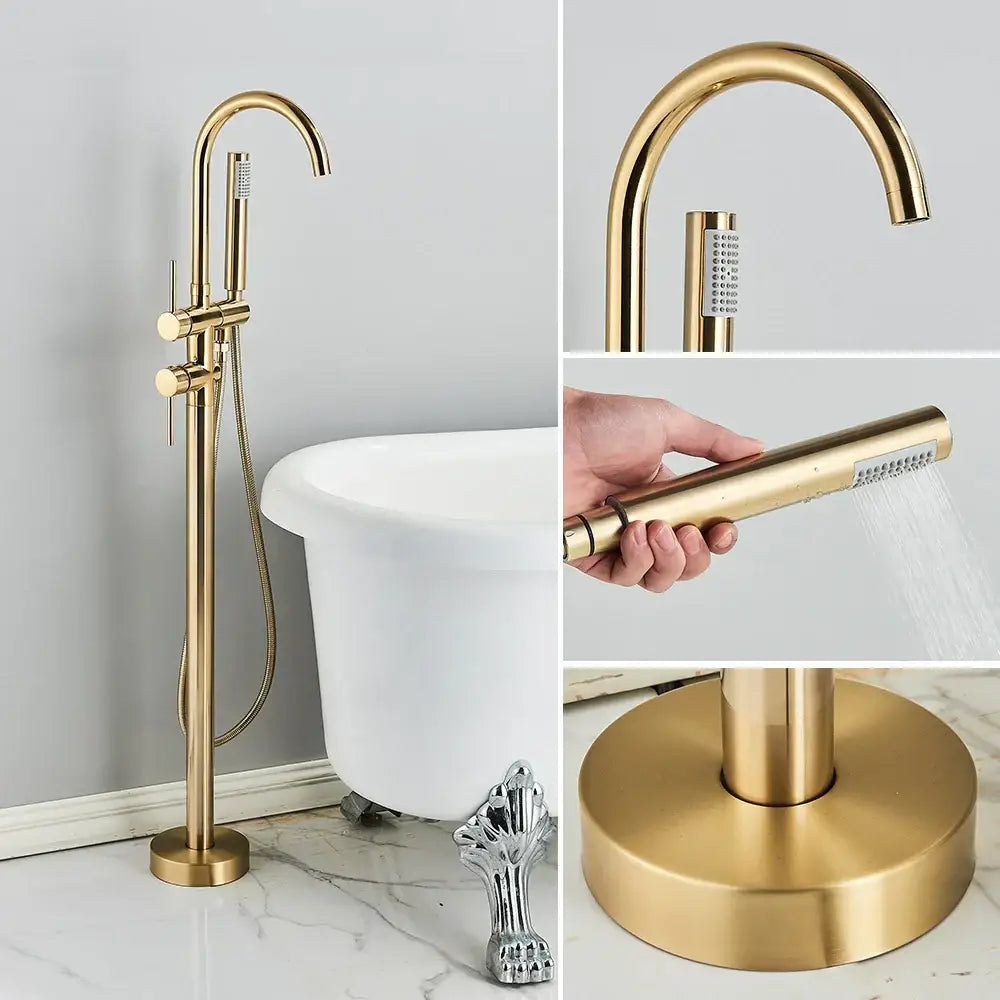 Modern brushed gold freestanding bathtub faucet with sleek curved spout and detachable handheld showerhead decorbites brushed gold