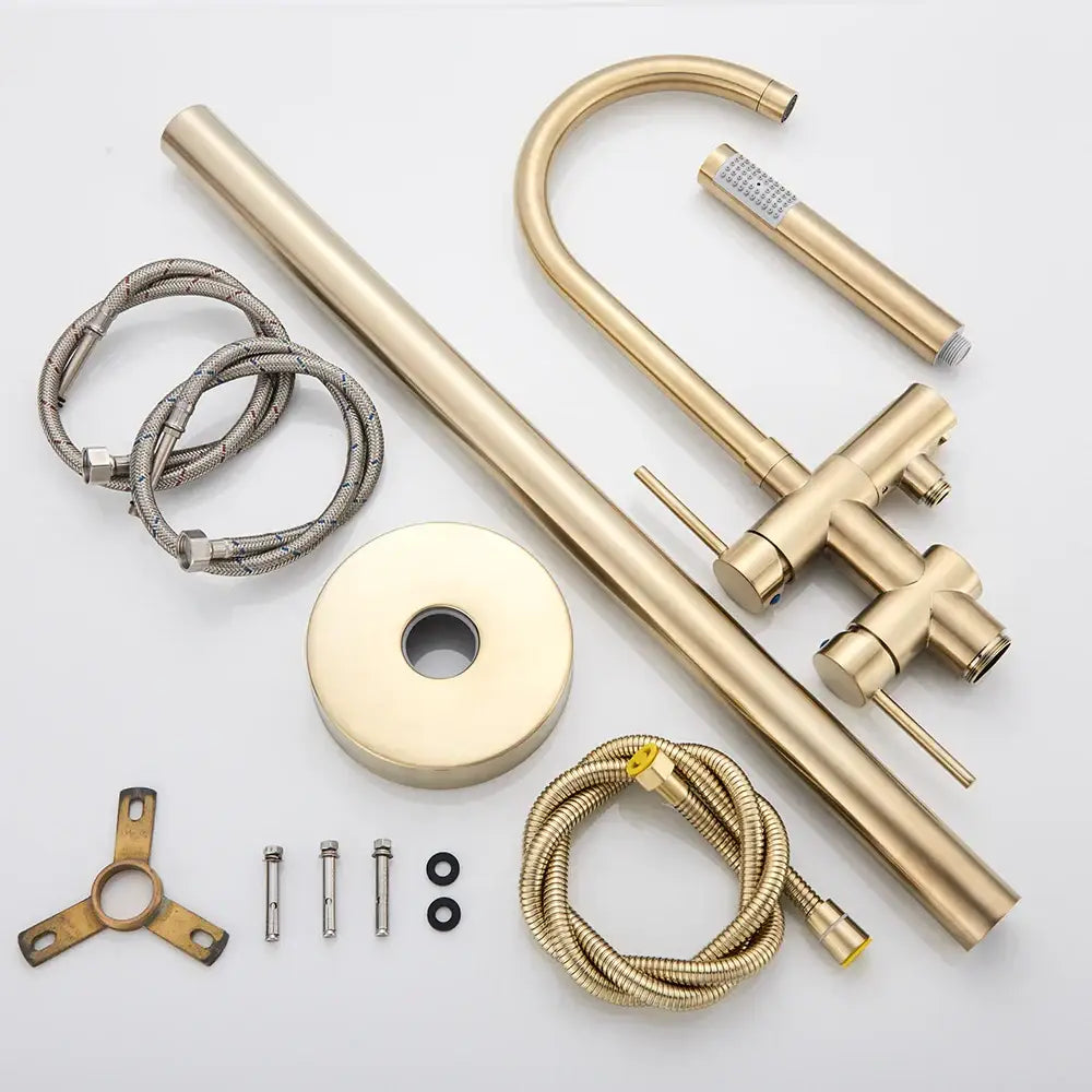 Modern brushed gold freestanding bathtub faucet set with brass finish hoses and mounting hardware decorbites brushed gold