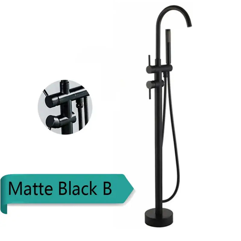 Modern brushed gold freestanding bathtub faucet with sleek matte black design and integrated handheld showerhead decorbites brushed gold