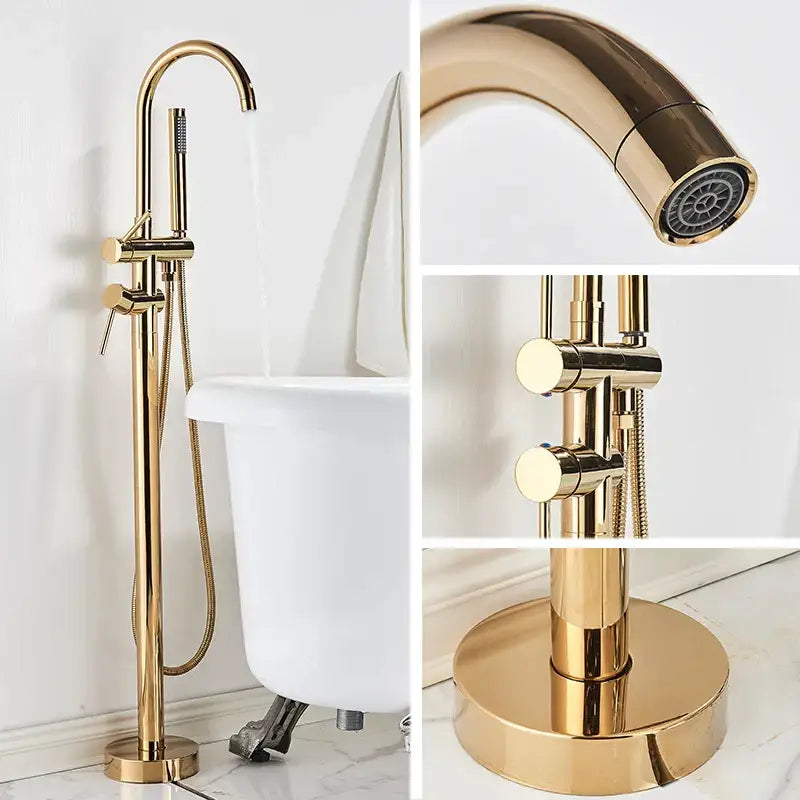 Modern brushed gold freestanding bathtub faucet with sleek design and detachable showerhead for decorbites brushed gold decor