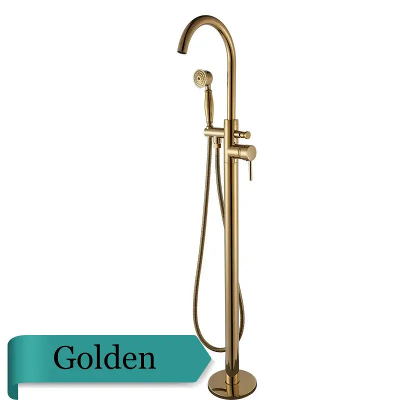 Modern brushed gold freestanding bathtub faucet with curved spout and handheld showerhead decorbites brushed gold design