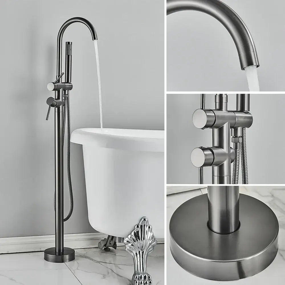 Modern matte black freestanding bathtub faucet with curved spout and knobs contrasting decorbites brushed gold design