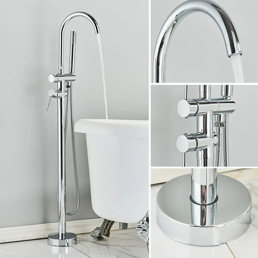 Modern brushed gold freestanding bathtub faucet with chrome finish curved spout and dual control knobs decorbites brushed gold