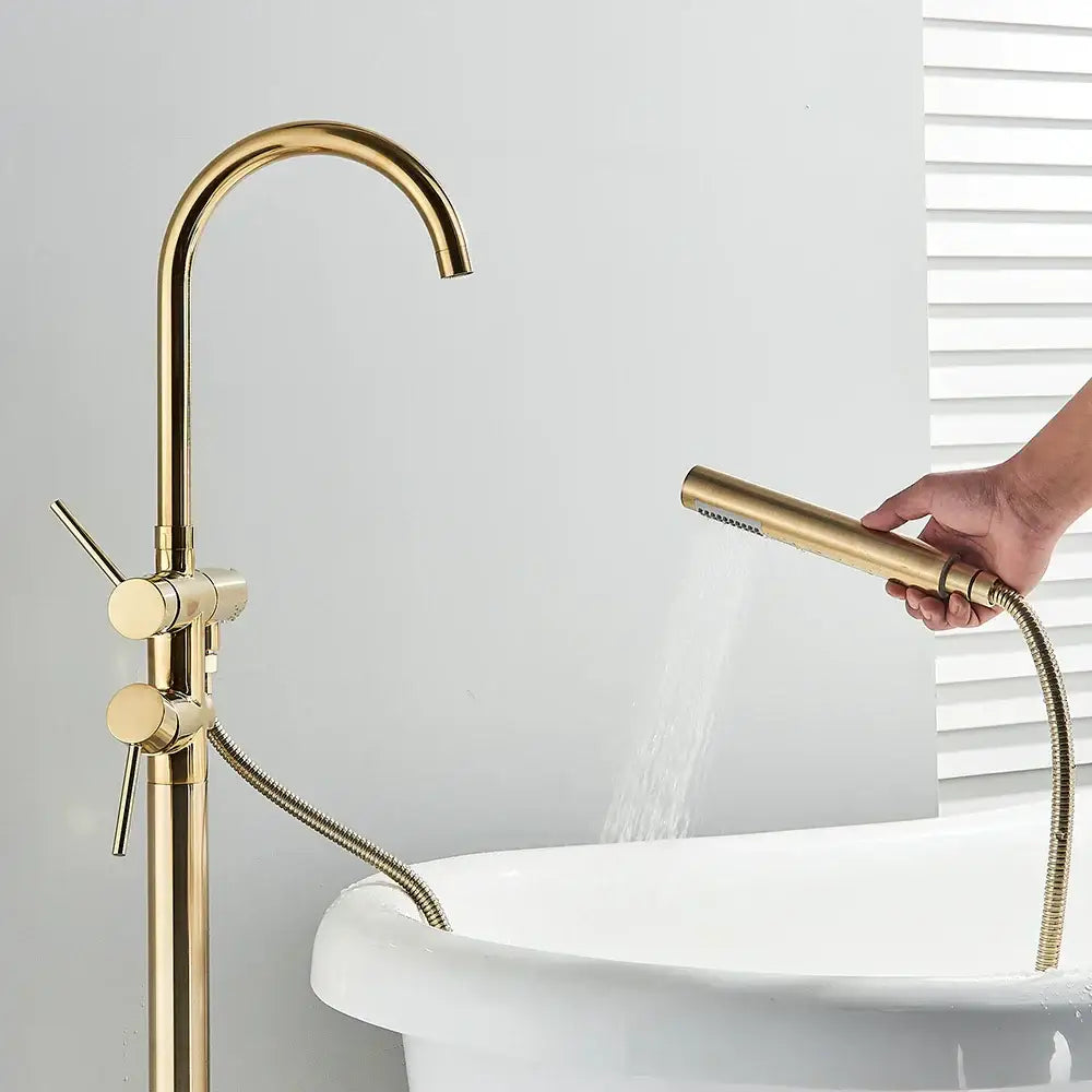 Modern brushed gold freestanding bathtub faucet with brass finish handheld showerhead and flexible hose decorbites brushed gold