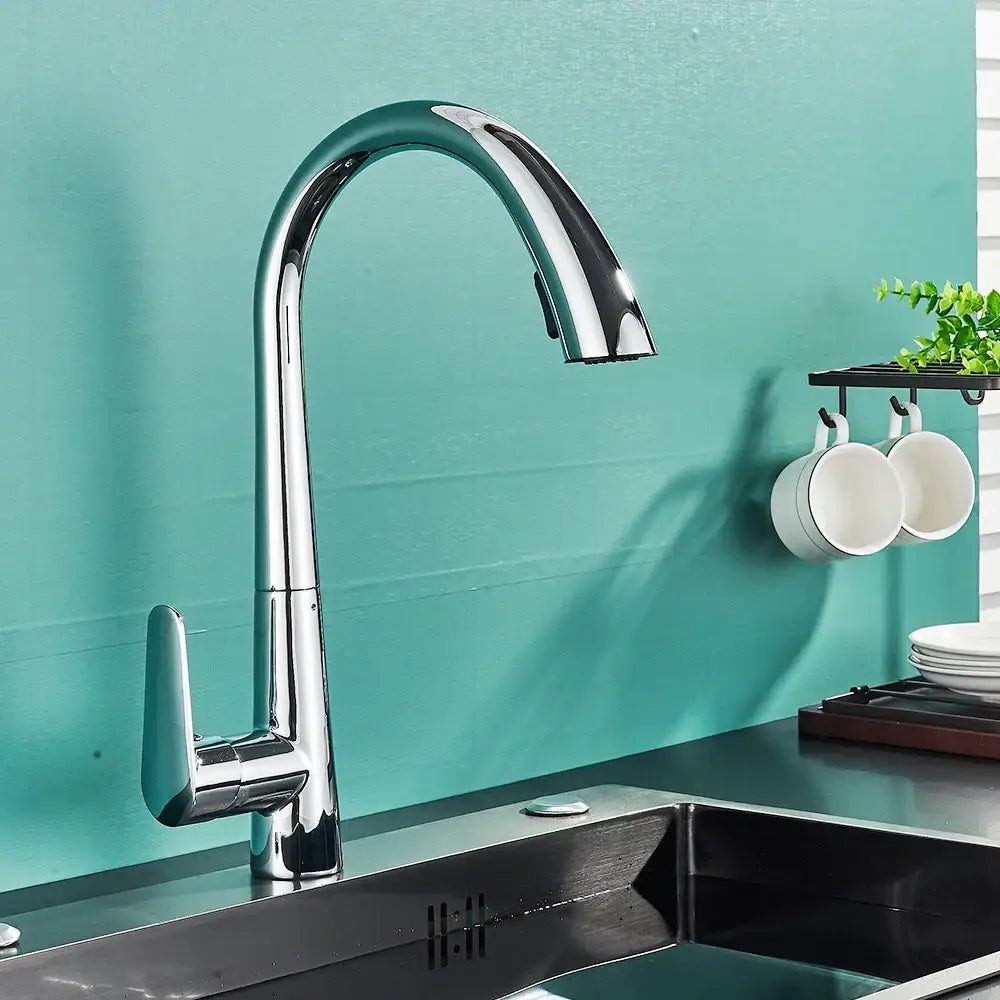 Modern brushed gold gourmet kitchen faucet with flexible pull out tap and chrome finished arched spout and lever handle