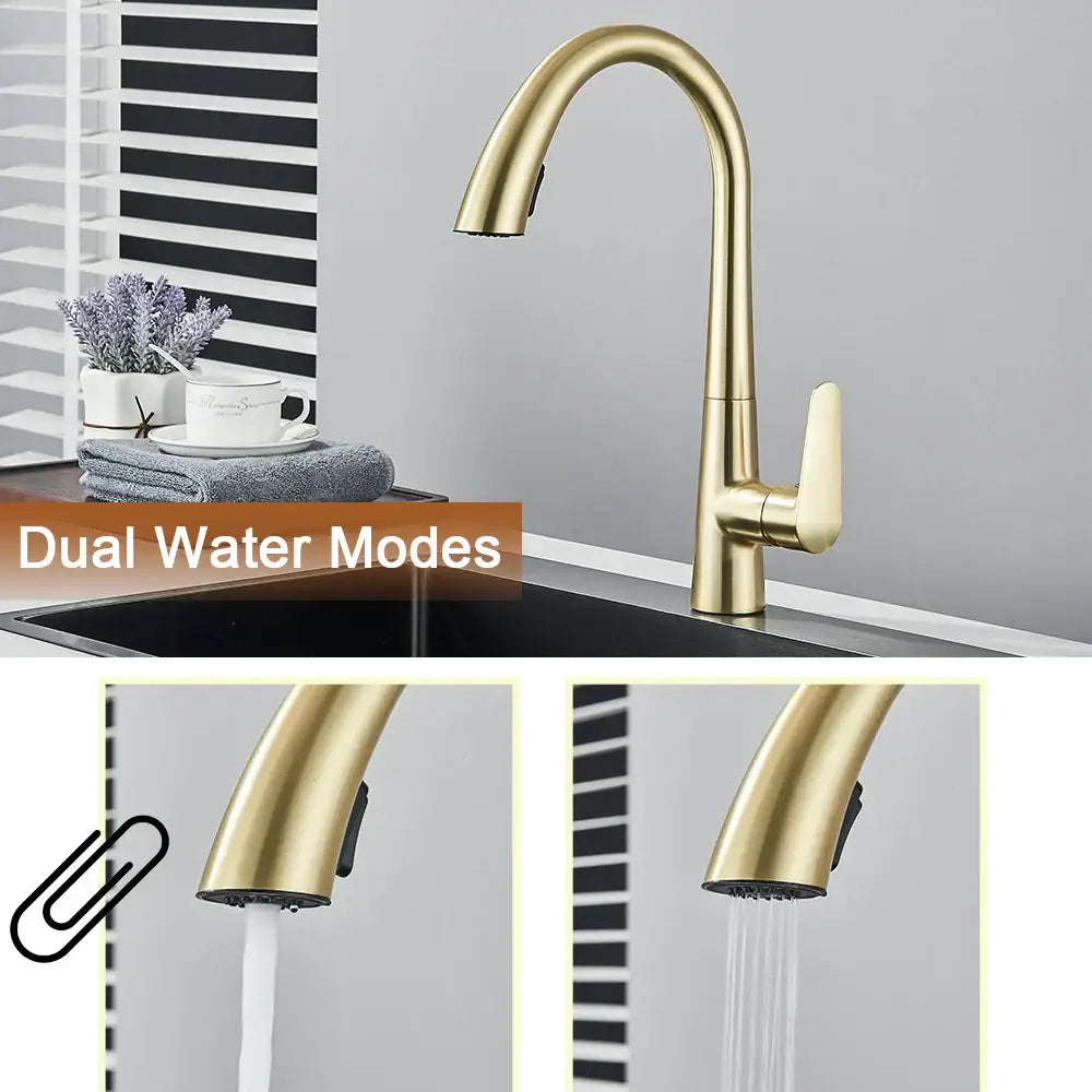 Modern brushed gold gourmet kitchen faucet with sleek curved spout and flexible pull down spray head by decorbites
