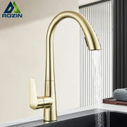 Modern brushed gold gourmet kitchen faucet with sleek curved spout and flexible pull out tap by decorbites brushed gold