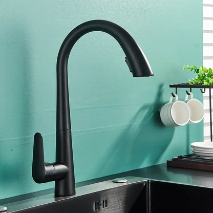 Black matte kitchen faucet with curved spout and single handle complements decorbites brushed gold gourmet design