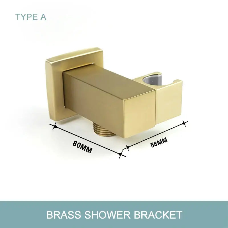 Gold-finished brass shower bracket with square plate and curved arm for modern brushed gold hand shower with stainless steel hose