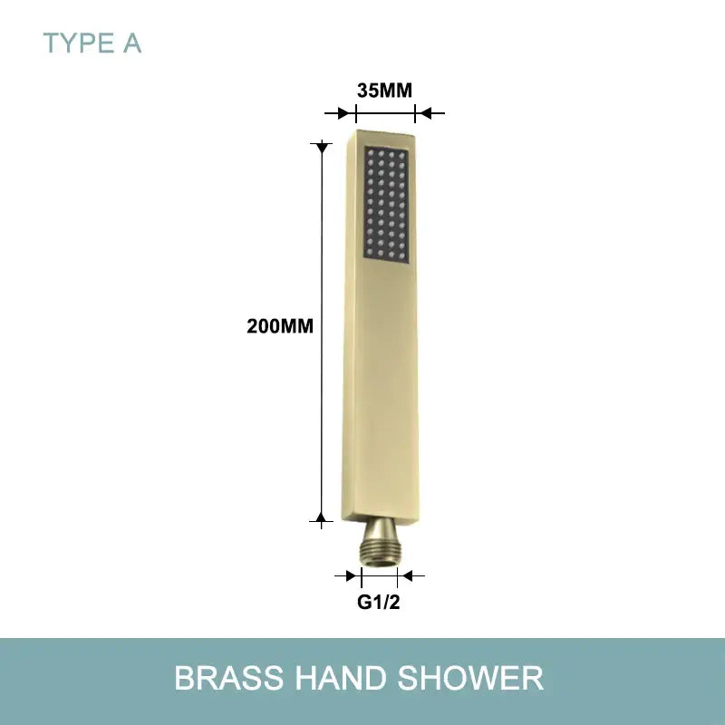 A sleek modern brushed gold hand shower with a 35mm width and stainless steel hose for bathroom use