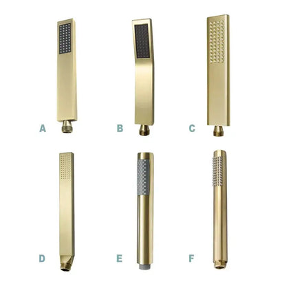 Six modern brushed gold hand showers with stainless steel hoses featuring various nozzle designs and mounting styles
