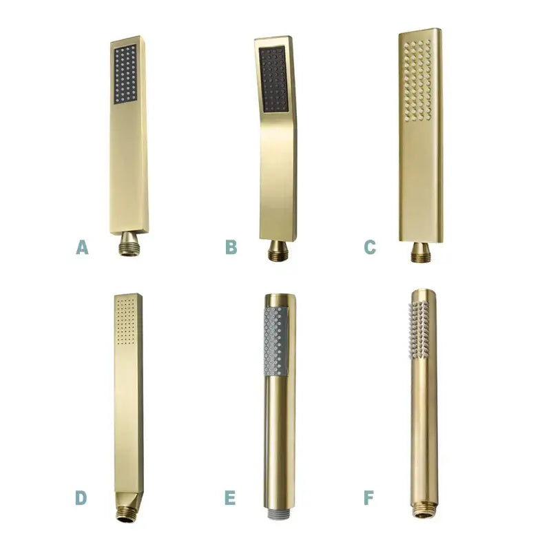 Six modern brushed gold hand showers with stainless steel hoses featuring various nozzle designs and mounting styles