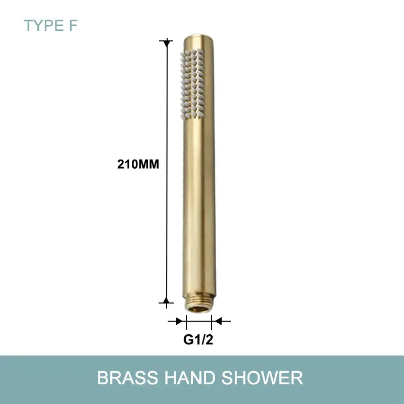 Modern brushed gold hand shower with stainless steel hose featuring a sleek cylindrical design and textured spray head
