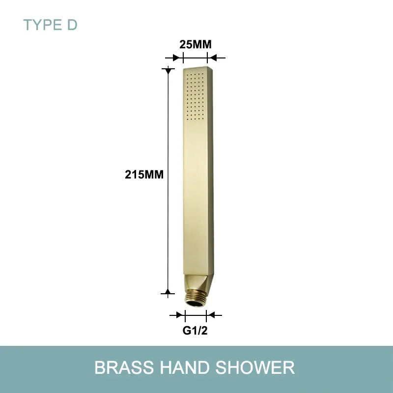 Modern brushed gold hand shower with polished finish and stainless steel hose featuring perforated rectangular head