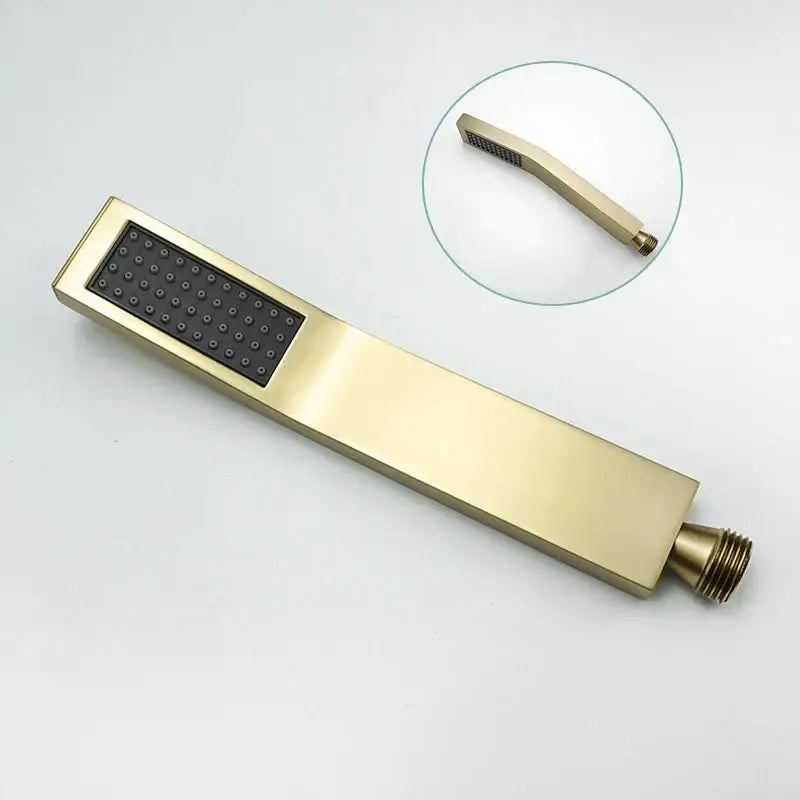 Modern brushed gold hand shower with rectangular gold-finished head black spray panel and stainless steel hose