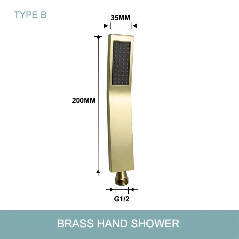 Modern brushed gold hand shower with stainless steel hose featuring sleek rectangular brass design and 200mm height