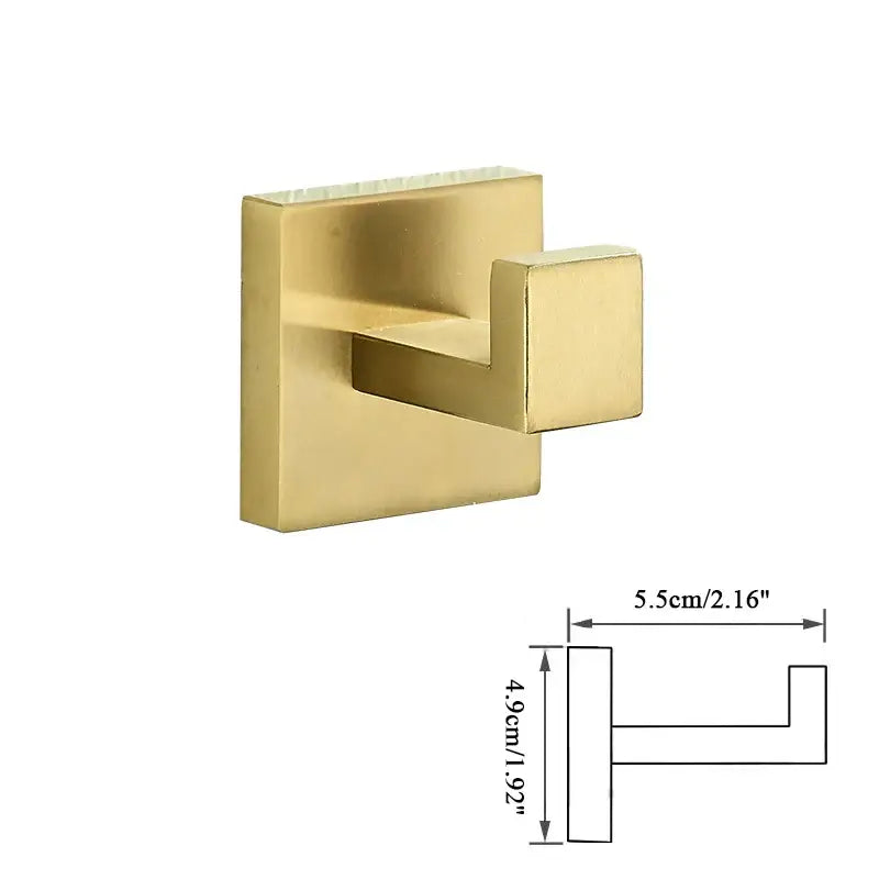 Gold-colored brushed gold square wall hook with sleek metallic finish from decorbites brushed gold hardware set for bathroom use