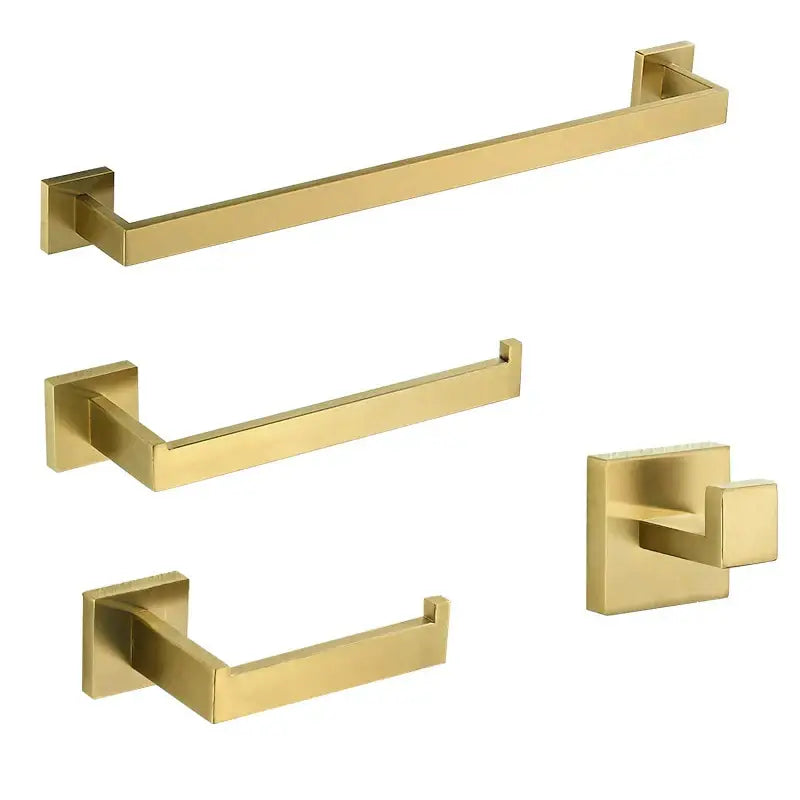 Modern brushed gold hardware set featuring square-edged towel bar toilet paper holder and hook by decorbites