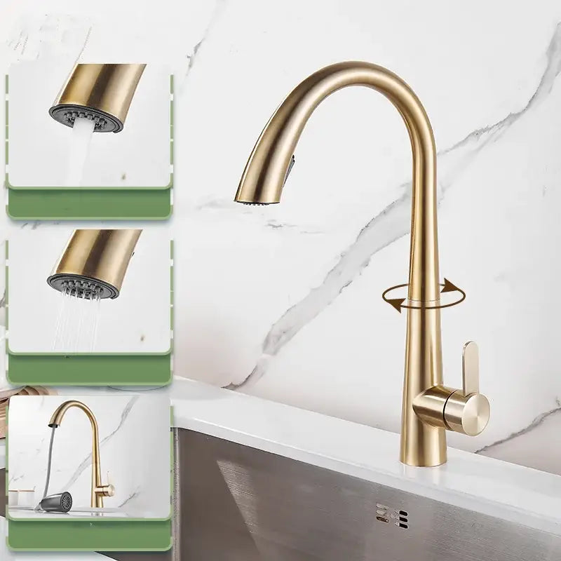 Modern brushed gold kitchen sink faucet with brass finish pull down curved spout and integrated spray head sink faucet
