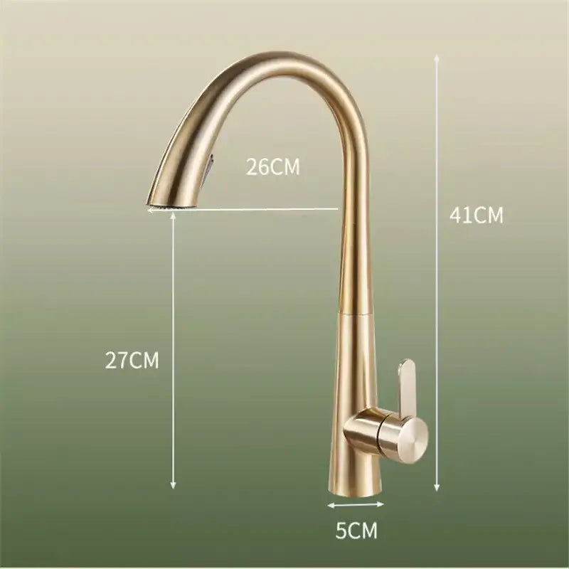 Modern brushed gold kitchen sink faucet with pull out spring spout and sleek curved design for kitchen sink use