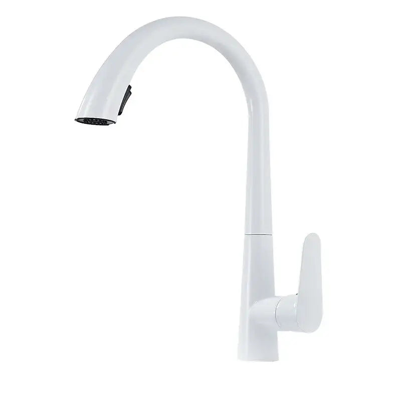 White modern kitchen sink faucet with sleek curved spout and single lever handle for contemporary kitchen sink use