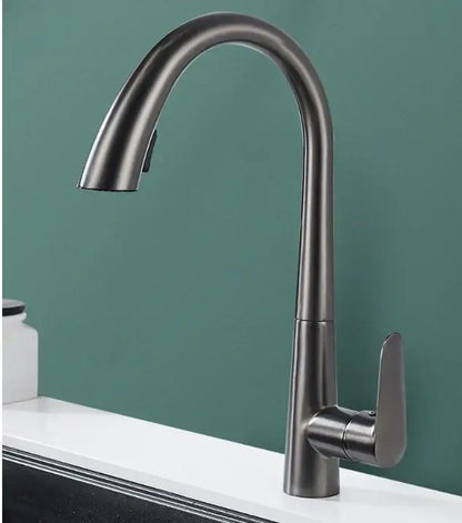 Modern brushed gold kitchen sink faucet with pull out spring spout and matte black curved sink faucet design
