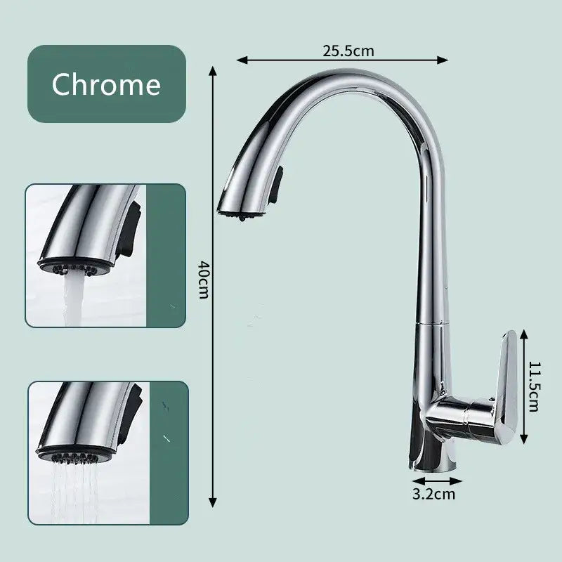 Modern chrome kitchen sink faucet with sleek curved spout and pull-down spray head for versatile kitchen use
